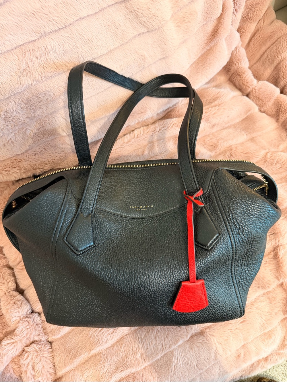 Tory Burch Black Pebbled Leather Tote with Red Charm